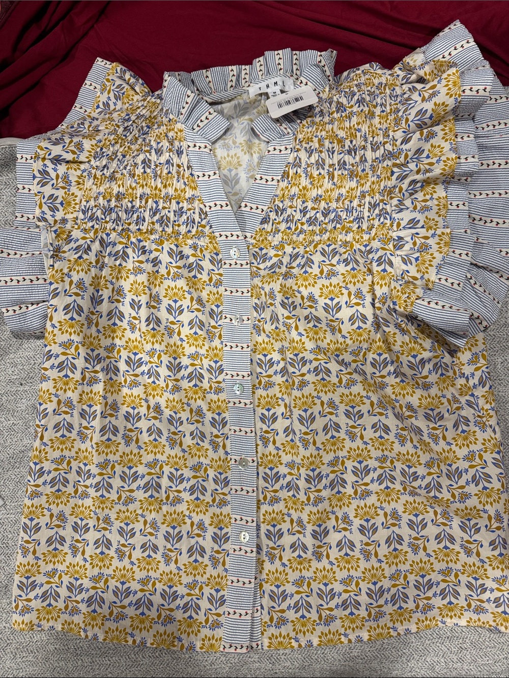 THML Yellow Floral Smocked Flutter Sleeve Blouse with Blue Trim